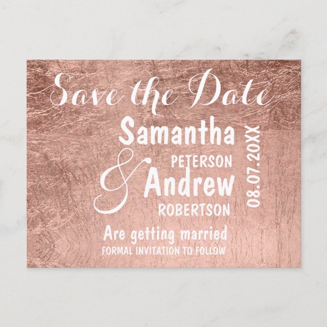 Luxury faux rose gold leaf save the date announcement postcard (Front)