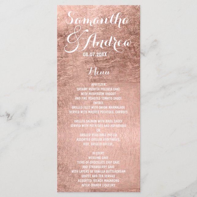 Luxury faux rose gold leaf wedding menu (Front)