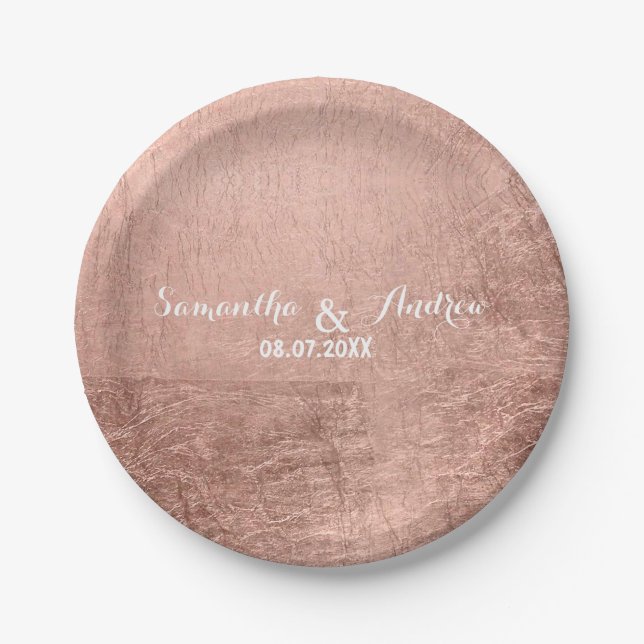 Luxury faux rose gold leaf wedding paper plate (Front)