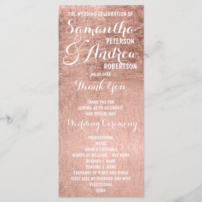 Luxury faux rose gold leaf Wedding Program (Front)