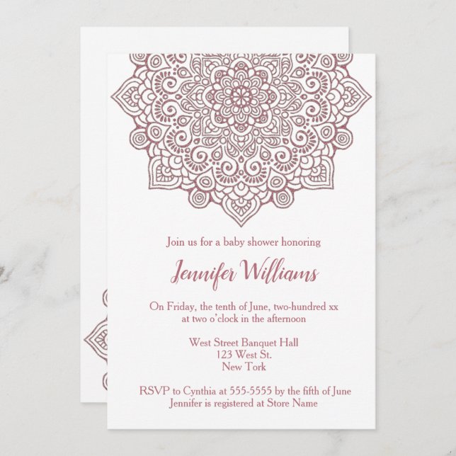Luxury Faux rROSE Gold Mandala White Baby Shower Invitation (Front/Back)