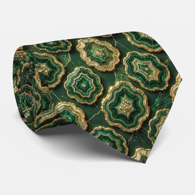 Luxury Faux Silk | Green + Gold Geode  Tie (Rolled)