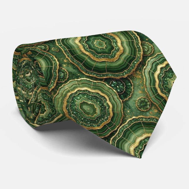 Luxury Faux Silk | Green + Gold Geode  Tie (Rolled)