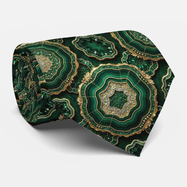Luxury Faux Silk | Green + Gold Geode  Tie (Rolled)