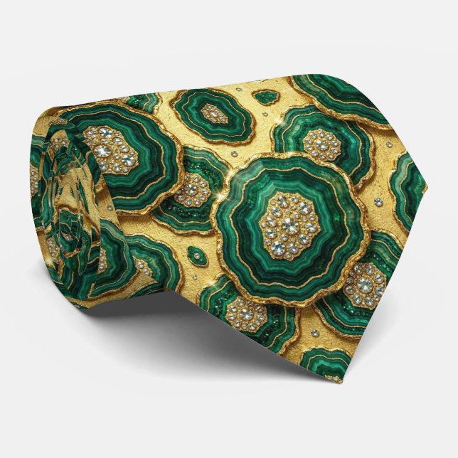 Luxury Faux Silk | Green + Gold Geode  Tie (Rolled)