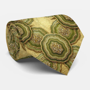 Luxury Faux Silk Olive + Gold Geode Neck Tie