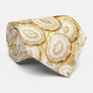Luxury Faux Silk White + Gold Geode Neck Tie