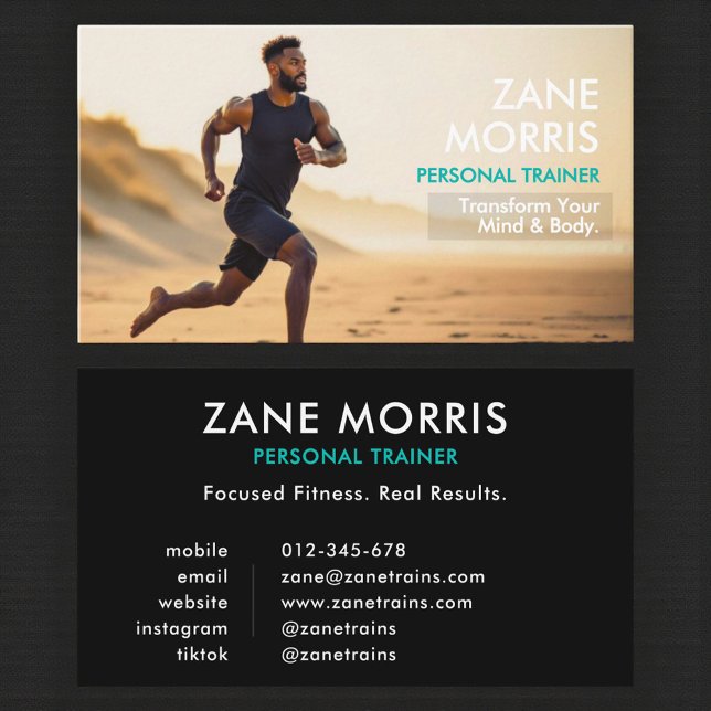 Luxury Fitness Personal Trainer Photo Teal Business Card (Creator Uploaded)