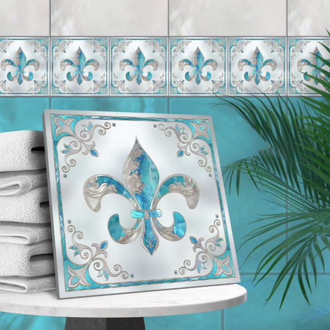 Luxury Fleur-de-lis -Aquamarine and Pearl Ceramic Tile (Creator Uploaded)