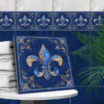 Luxury Fleur-de-lis - blue marble and gold Ceramic Tile<br><div class="desc">Luxury Fleur-de-lis - blue marble and gold</div>