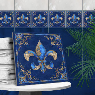 Luxury Fleur-de-lis - blue marble and gold Ceramic Tile