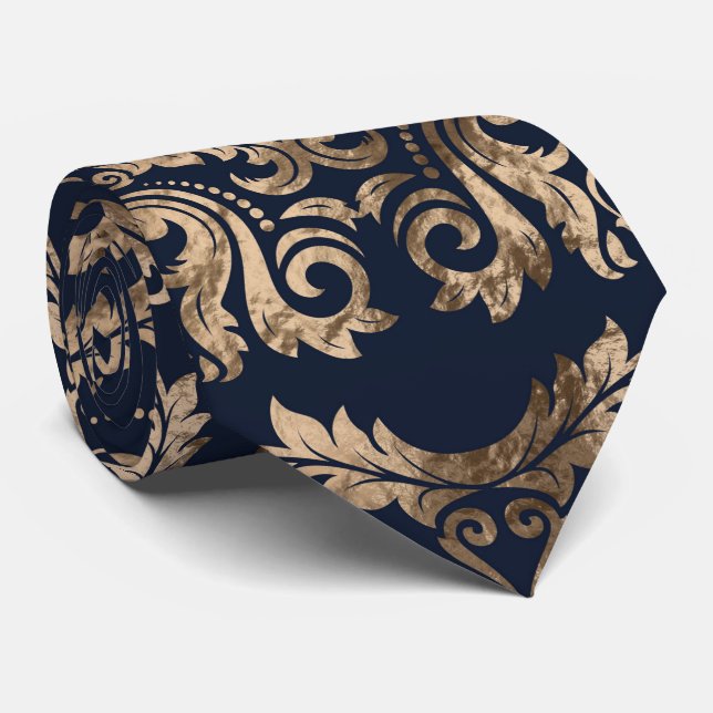 Luxury Fleur-de-lis Ornament - gold and dark blue Tie (Rolled)