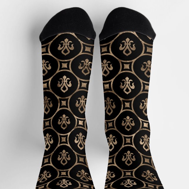 Luxury Fleur-de-lis pattern black and gold Socks (Top)