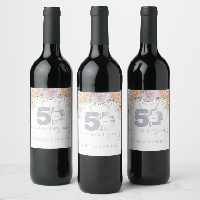 Luxury Floral 50th Wedding Anniversary Wine Label (Bottles)