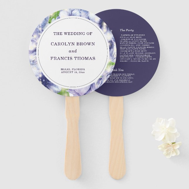 Luxury Floral Anemone Purple Wedding Program Hand Fan (Front and Back)