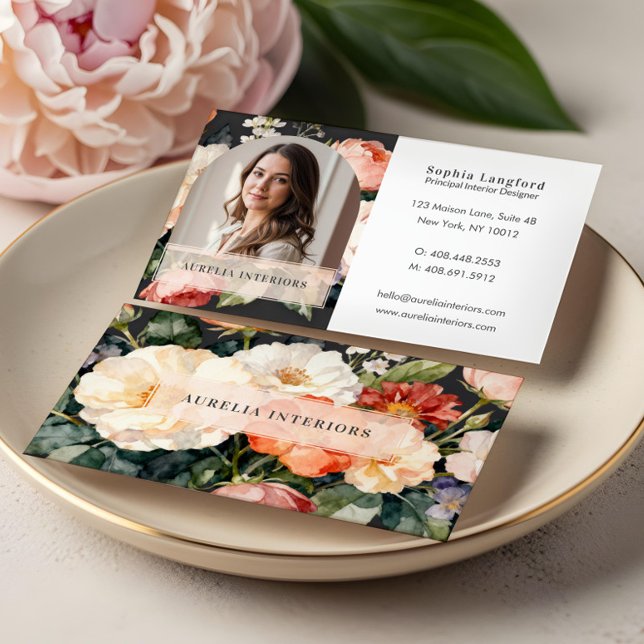 Luxury Floral Arch Photo Stylish Interior Designer Business Card (Luxury Floral Arch Photo Stylish Interior Designer Business Card)