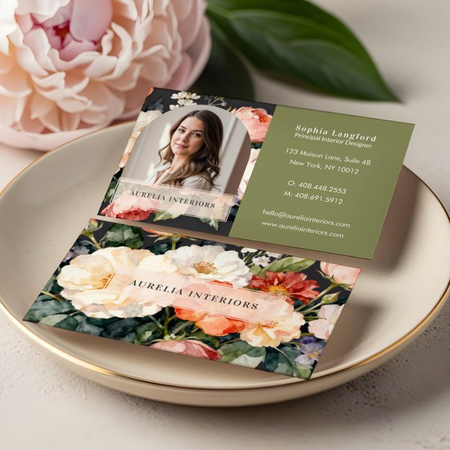 Luxury Floral Arch Photo Stylish Interior Designer Business Card (Luxury Floral Arch Photo Stylish Interior Designer Business Card)