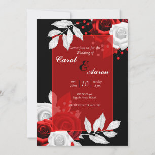 luxury floral black, white and red wedding invitation
