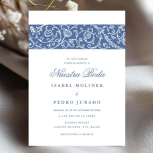 Luxury Floral Blue Nuestra Boda Spanish Wedding Invitation