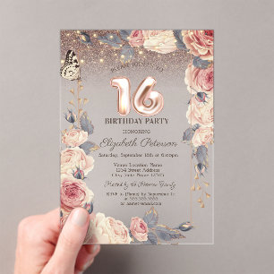 Luxury Floral,Butterfly,Lights 16th Birthday   Acrylic Invitations