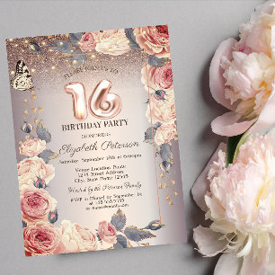 Luxury Floral,Butterfly,Lights 16th Birthday   Invitation