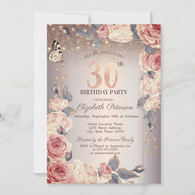 Luxury Floral,Butterfly,Lights 30th Birthday  Invitation (Front)