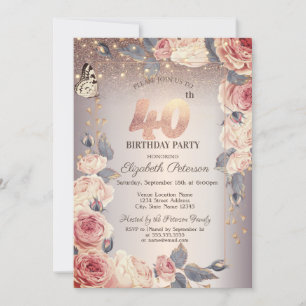 Luxury Floral,Butterfly,Lights 40th Birthday   Invitation