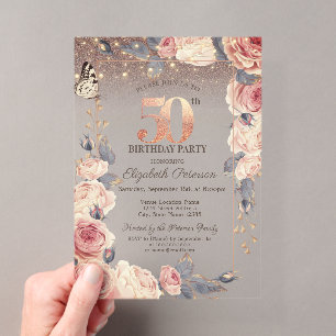 Luxury Floral,Butterfly,Lights 50th Birthday Acrylic Invitations