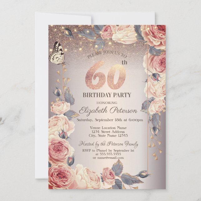 Luxury Floral,Butterfly,Lights 60th Birthday  Invitation (Front)