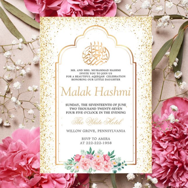 Luxury Floral Gliter Gold Islamic Aqiqa Aqeeqa  Invitation (Creator Uploaded)