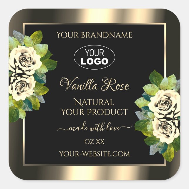 Luxury Floral Gold Black Product Labels Roses Logo (Front)