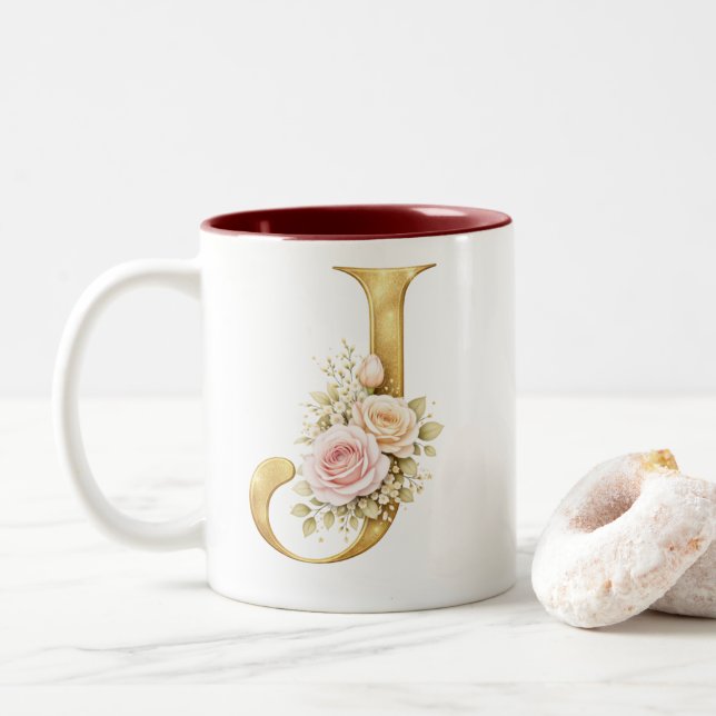 Luxury Floral Gold Letter J Monogram Logo Two-Tone Coffee Mug (With Donut)