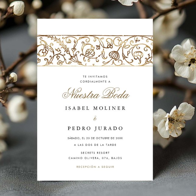 Luxury Floral Gold Nuestra Boda Spanish Wedding Invitation (Creator Uploaded)