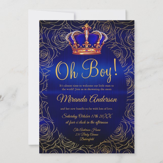 Luxury Floral Gold Royal Blue Baby Shower Invitation (Front)