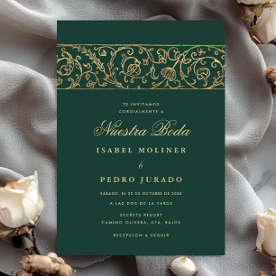 Luxury Floral Green & Gold Nuestra Boda Wedding Invitation