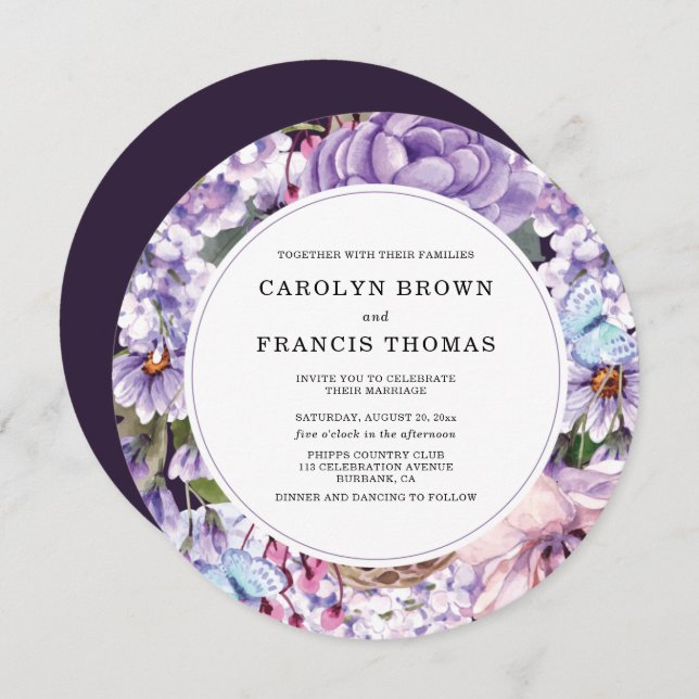 Luxury Floral Purple Watercolor Wedding Invitation (Front/Back)