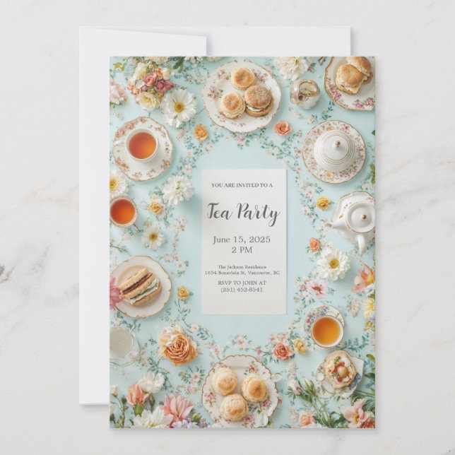 Luxury Floral Top View Tea Party Invitation (Front)
