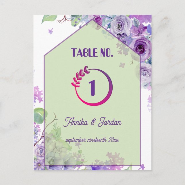Luxury Floral Wedding Invitation Table No Violet Postcard (Front)