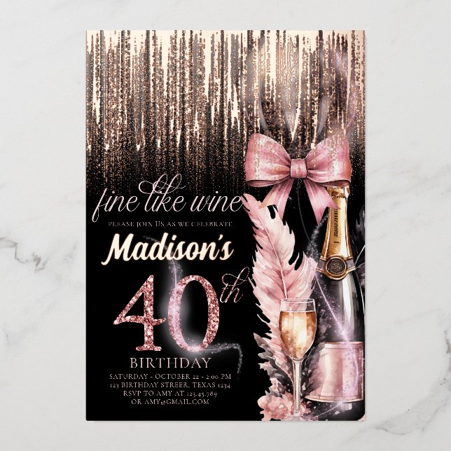 Luxury Foil 40th Rose Wine Adult Birthday (Front)