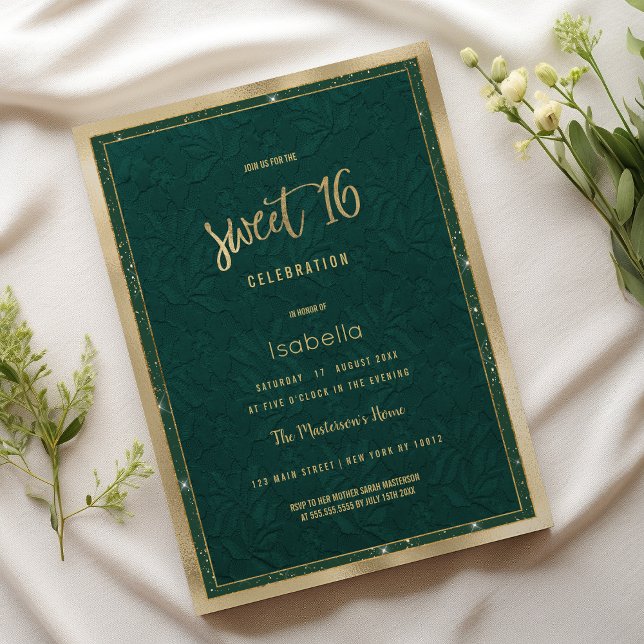 Luxury forest green gold floral lace Sweet 16  Invitation (Luxury forest green gold floral lace Sweet 16)