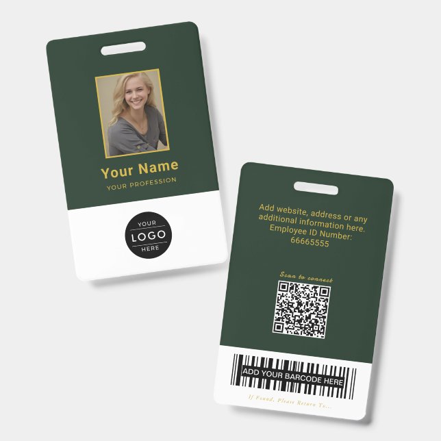 Luxury Forest Green Gold QR Code ID Barcode Badge (Front & Back)