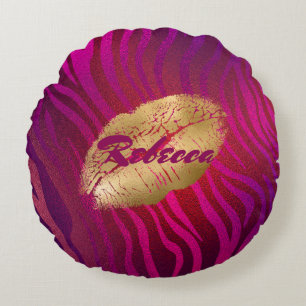 Luxury Fuchsia Animal Stripes Lipstick Print Round Cushion