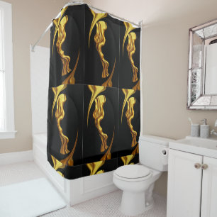 Luxury Full Gold Swirl Black Waterproof Bathroom  Shower Curtain