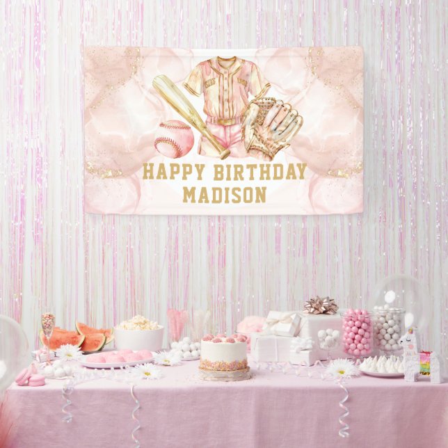 Luxury Girl Birthday Pink Gold Baseball Banner (Party)