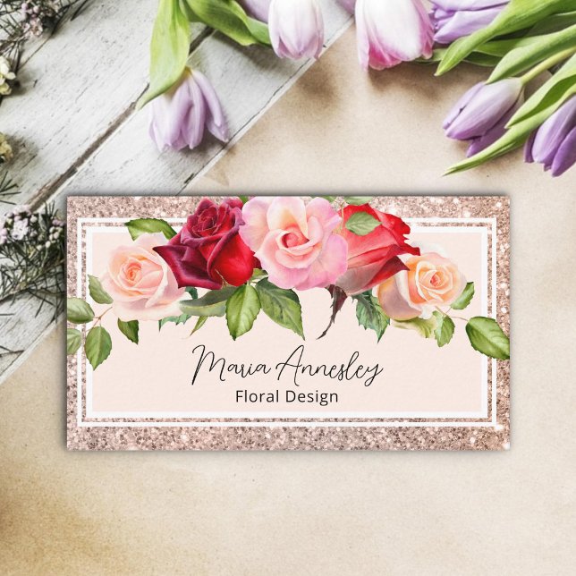 Luxury Girly Faux Rose Gold Glitter Floral Business Card (Creator Uploaded)
