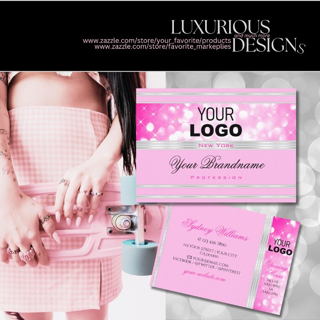 Luxury Girly Pink Glitter add Logo Silver Border Business Card (Creator Uploaded)