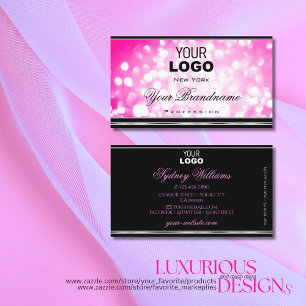 Luxury Girly Pink Glitter Logo Black Silver Border Business Card