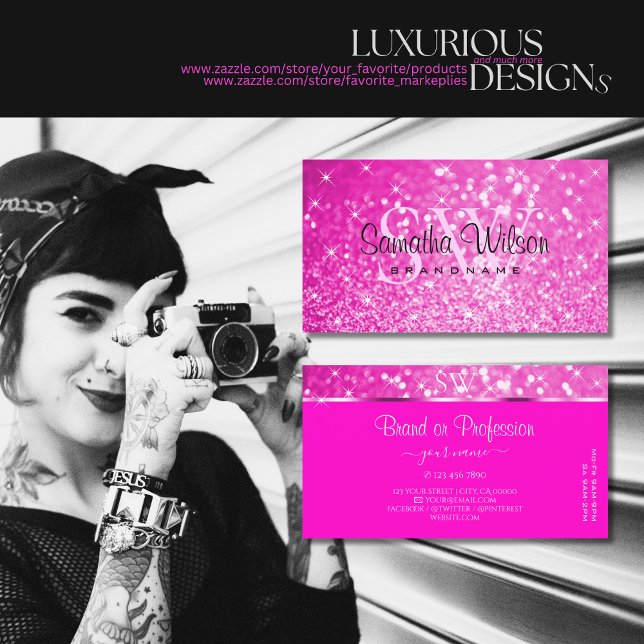 Luxury Girly Pink Glitter Luminous Stars Initials Business Card (Creator Uploaded)