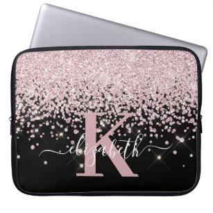 Luxury Glam Black and Rose Gold Glitter Monogram Laptop Sleeve