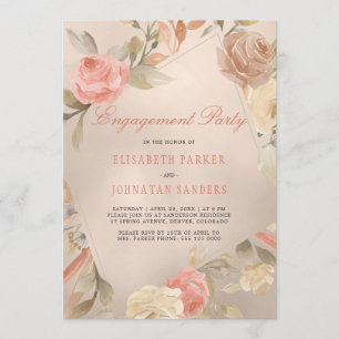 Luxury Glam Coral Gold Floral Engagement Party Invitation